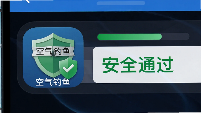 主体为手机安全扫描界面,显示“空气钓鱼”应用图标,布局为左侧图标右侧状态栏,排版简洁,风格科技感,细节处有绿色盾牌标志表示安全通过,画质清晰,干净,无多余元素,文字“安全通过”以绿色字体显示