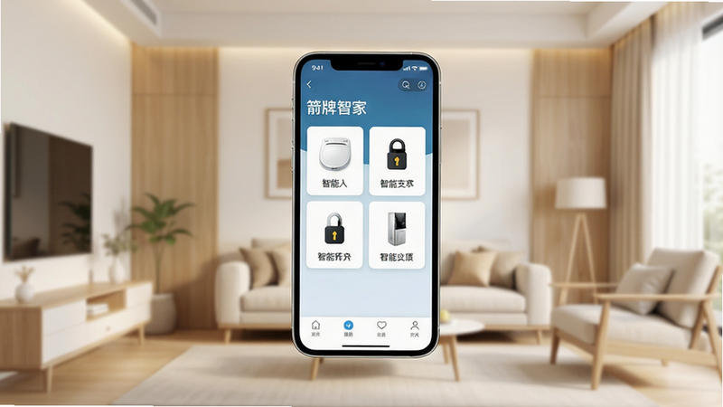 一张现代简约风格的客厅场景图,主体为一部悬浮在空中的智能手机,屏幕显示着“箭牌智家”APP的高清界面,界面中包含智能马桶盖、智能门锁等图标的控制卡片,背景虚化为温馨的家居环境,色调以暖白和浅木色为主,布局中心突出手机屏幕内容,排版整洁有序,风格为写实摄影风,细节清晰,画质4K,干净无多余元素