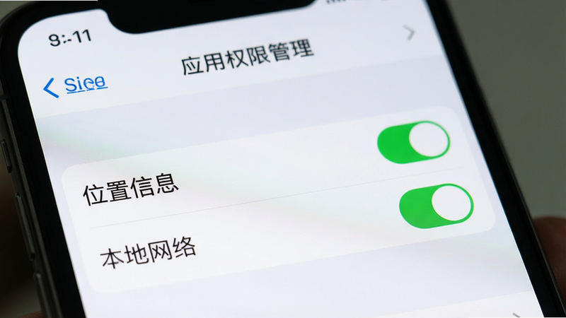 一张手机设置界面的特写图,屏幕显示“应用权限管理”页面,高亮显示“位置信息”和“本地网络”权限开关为开启状态,背景模糊,主体清晰,风格为UI界面截图,布局居中,细节锐利,画质高清,干净无多余元素