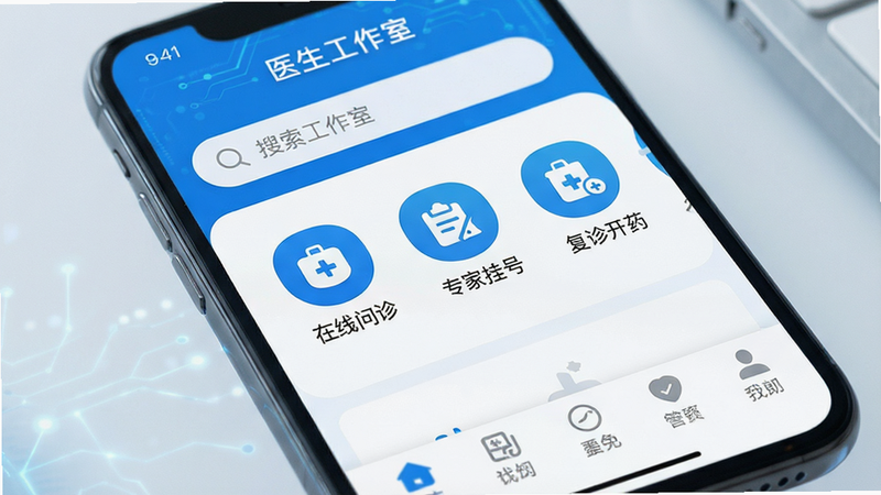 主体为手机屏幕特写,显示“医生工作室”APP首页界面,布局清晰,顶部为搜索栏,中部展示“在线问诊”、“专家挂号”、“复诊开药”等核心功能图标,底部为导航栏,风格简洁现代,蓝色为主色调,细节处体现医疗科技感,画质高清,干净,无多余元素,文字清晰可见