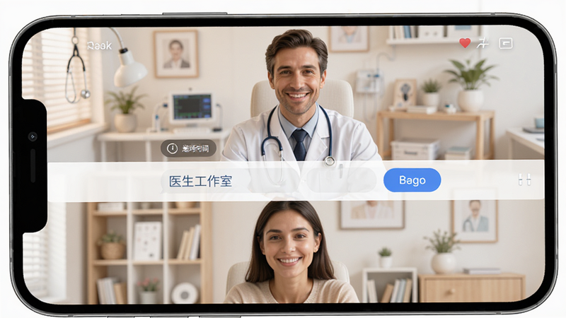 “医生工作室”APP视频问诊界面示意图,屏幕分为两部分,上方为医生视频窗口,下方为患者视频窗口,中间显示聊天输入框及发送按钮,背景简洁,突出实时互动的科技感,细节处显示通话时长标识,风格温馨且专业,画质高清,无多余干扰元素