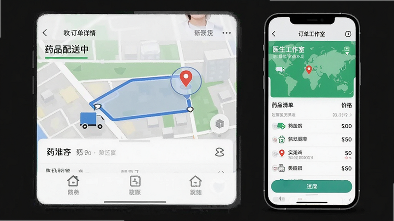 展示“医生工作室”APP的订单详情页,显示“药品配送中”状态,地图轨迹清晰,快递员位置实时更新,下方列出药品清单及价格明细,布局紧凑有序,风格直观易懂,细节处体现物流速度标识,画质清晰,干净