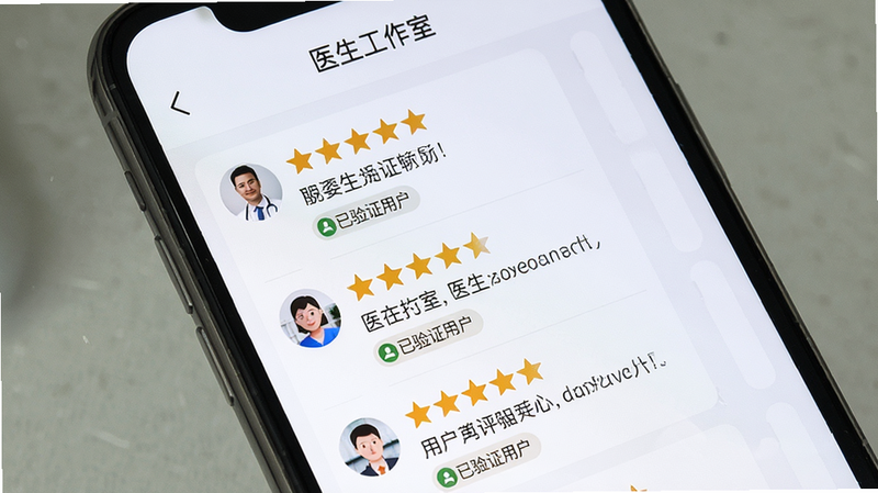 手机屏幕显示“医生工作室”APP的评价页面,展示多条用户好评,五星好评率突出,背景为浅色,文字清晰,排版整齐,细节处显示“已验证用户”标签,风格真实可信,画质高清,无杂乱背景