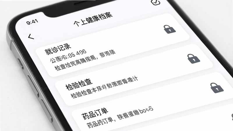 “医生工作室”APP的个人健康档案页面,列表形式展示“就诊记录”、“检验检查”、“药品订单”等模块,每个模块带有时间戳和简要摘要,背景为白色,字体清晰,排版简洁大方,细节处体现数据安全锁图标,画质高清,无杂乱元素