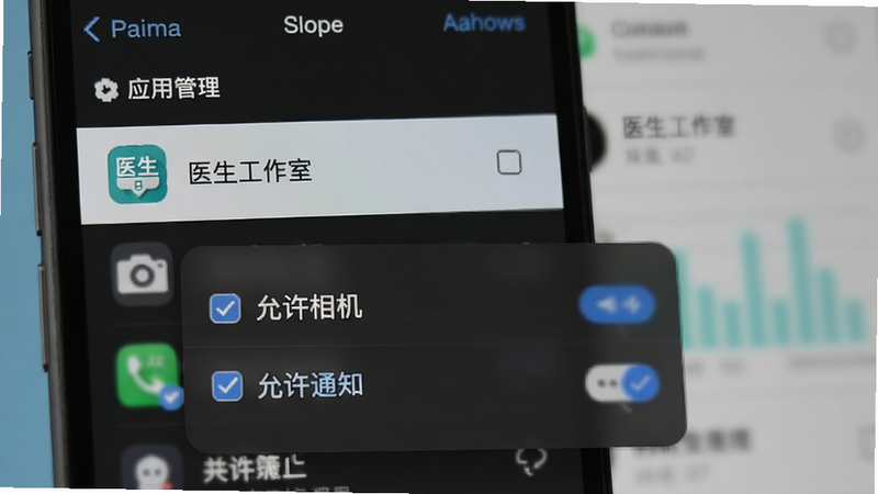 手机设置界面示意图,显示“应用管理”列表,其中“医生工作室”图标被高亮选中,下方弹出权限设置对话框,勾选“允许相机”、“允许通知”,背景模糊处理,突出操作重点,风格简洁,细节处显示勾选标记,画质清晰,无多余元素