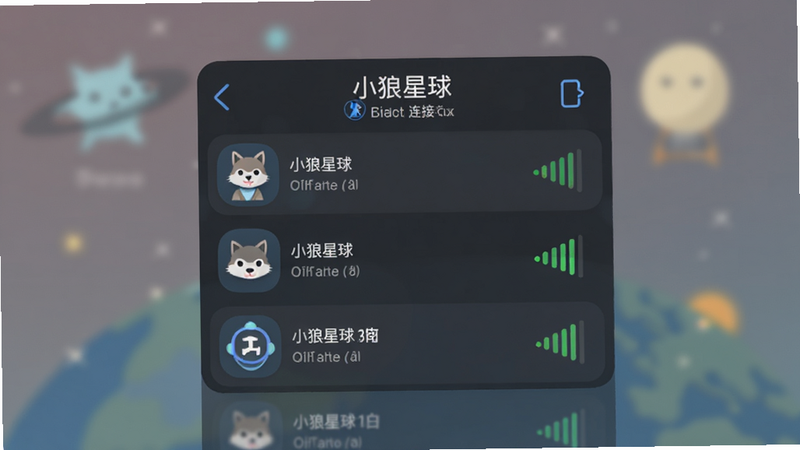 小狼星球蓝牙连接界面,显示设备列表和信号强度图标,背景模糊处理,突出应用界面,扁平化设计,清晰易读