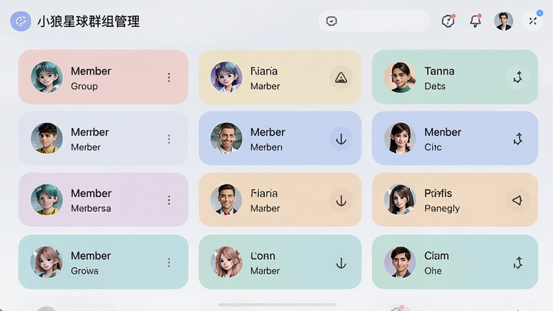 小狼星球群组管理界面,展示多个群组列表和成员头像,布局整齐,色彩柔和,体现团队感,高清细节