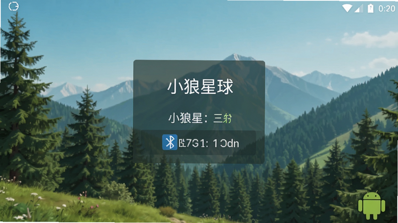 小狼星球安卓应用启动界面截图,展示主菜单和蓝牙连接状态,背景为户外山林,风格清新简洁,高清画质,无多余装饰