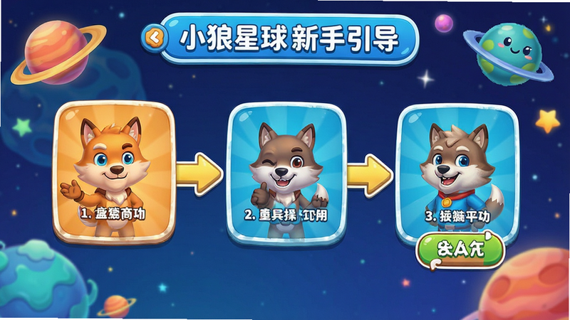 小狼星球新手引导界面,展示分步操作说明,箭头指示清晰,风格友好,色彩明亮,高清画质