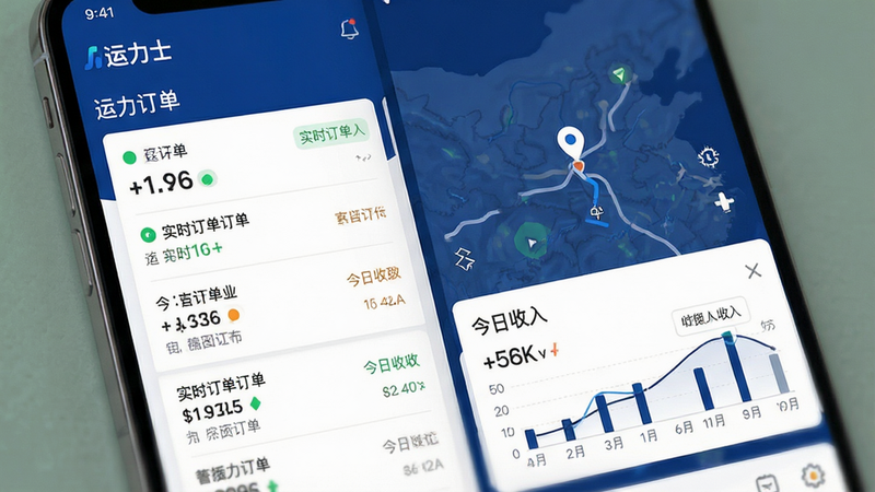 主体为“运力士”APP手机界面截图,布局清晰展示首页订单列表与地图导航模块,排版采用扁平化设计风格,深蓝色主色调搭配白色卡片,细节处显示实时订单状态图标与收入统计图表,画质高清,界面干净无多余装饰元素,文字清晰显示“运力士”及“今日收入”字样