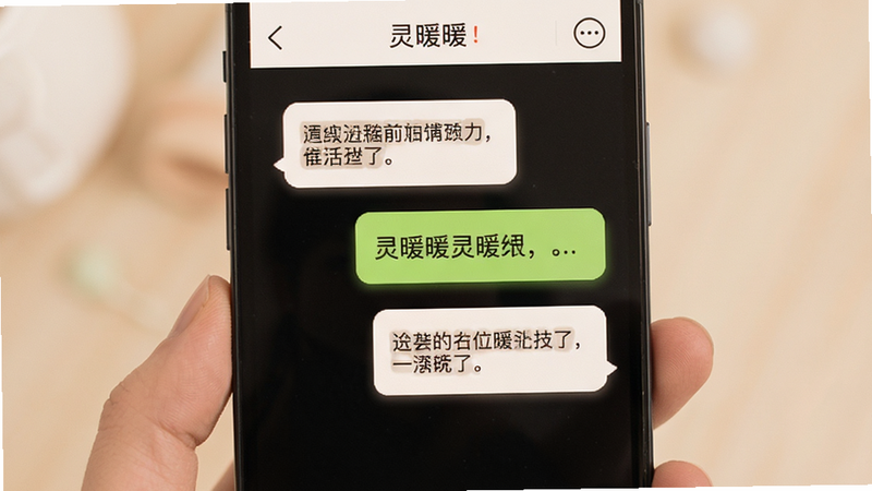主体为手机屏幕展示灵暖暖聊天界面,布局为左右气泡对话形式,排版清晰易读,风格温馨治愈,细节显示文字气泡带有柔和阴影,画质清晰,干净无杂乱背景
