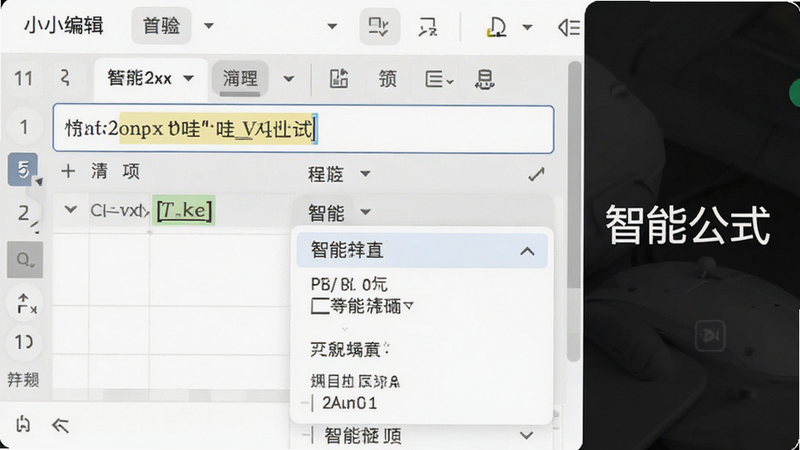 主体展示小哇表格制作中的公式编辑界面,布局聚焦于输入框与函数选择列表,排版紧凑有序,风格为专业办公UI,细节展示公式高亮效果,画质清晰,干净,无多余元素,文字'智能公式'显示在侧边