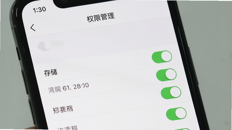 主体为手机屏幕显示小哇表格制作的权限设置界面,布局聚焦于权限开关列表,排版清晰,风格为系统设置UI,细节展示“存储”权限开启状态,画质清晰,干净,无多余元素,文字'权限管理'显示在标题栏