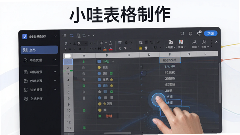 主体为小哇表格制作应用的主界面展示图,布局清晰,左侧是功能导航栏,右侧是正在编辑的表格数据区域,排版工整,风格为现代扁平化科技风,细节处体现触控操作的便捷性,画质高清,干净,无多余元素,文字'小哇表格制作'醒目显示在顶部