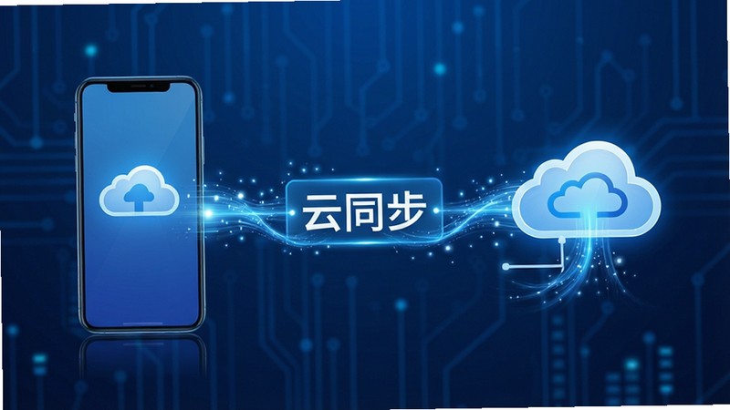 主体展示云端同步概念,布局为手机与云端图标连接,排版对称平衡,风格为科技感蓝白色调,细节展示数据流动光效,画质清晰,干净,无多余元素,文字'云同步'显示在连接线上