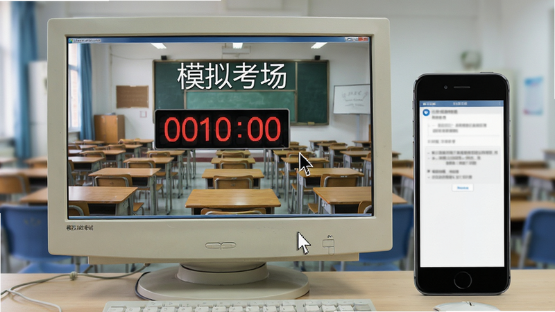 主体为电脑屏幕与手机并置,屏幕显示模拟考试时间界面,布局模拟考场布局,排版严谨,风格写实,细节包含倒计时器和鼠标指针,画质清晰,干净,无多余元素,文字“模拟考场”