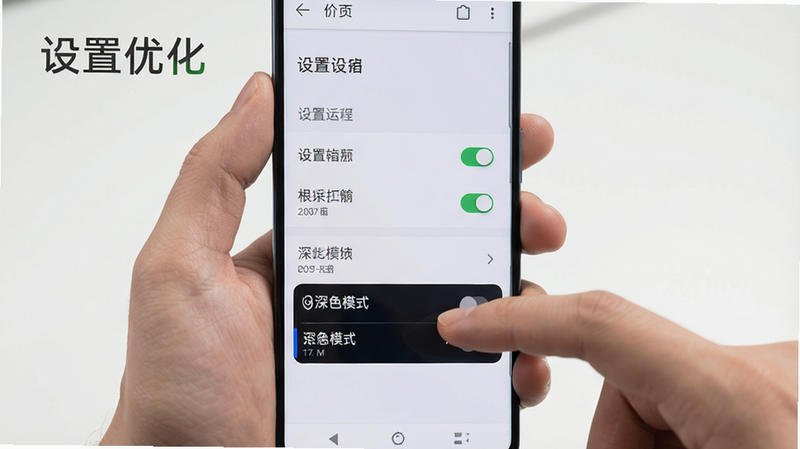 主体为手持安卓手机操作界面,屏幕显示设置菜单,布局清晰,排版简洁,风格现代,细节展示权限开关与深色模式选项,画质清晰,干净,无多余元素,文字“设置优化”