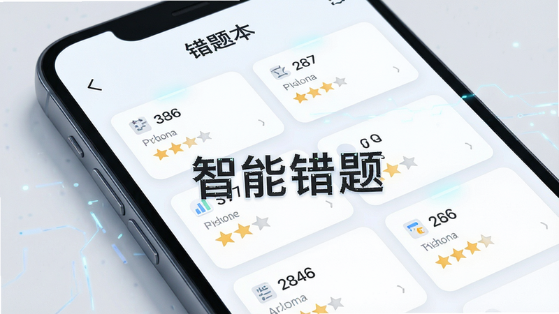 主体为智能手机特写,屏幕显示“错题本”列表,布局为卡片式排列,排版整齐,风格科技感,细节展示错题编号与难度星级,画质高,干净,无多余元素,文字“智能错题”