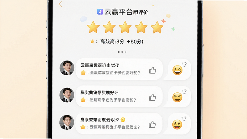 云赢平台用户评价界面预览,主体为五星评分与用户评论气泡,布局上方显示高分评分,下方展示几条典型好评,排版温馨,风格明亮,细节体现点赞图标与表情,画质细腻,画面整洁