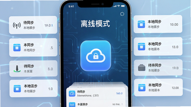 云赢平台离线模式界面展示,主体为手机屏幕显示“离线模式”标识及本地数据列表,布局中心突出离线图标,周围环绕待同步的数据项,排版简约,风格冷色调科技感,细节表现信号断开符号与本地存储图标,画质高清,画面整洁