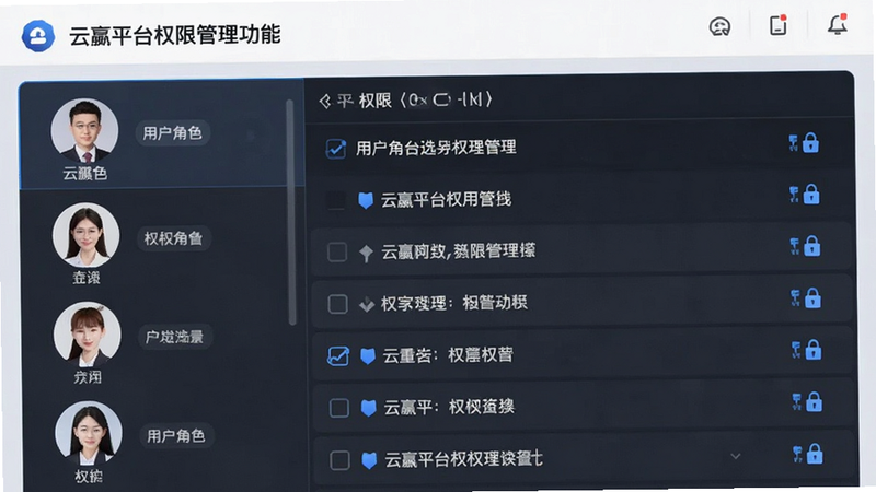 云赢平台权限管理功能界面预览,主体为用户角色选择列表与权限勾选框,布局采用左右分栏结构,左侧显示不同角色头像,右侧展示具体权限选项,排版整齐,风格专业商务,细节体现锁定与解锁图标,画质细腻,无多余装饰
