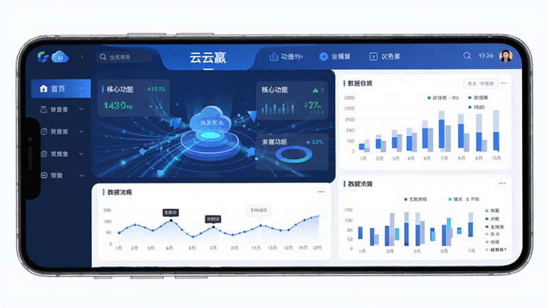 主体为云赢平台安卓应用界面全景图,布局清晰展示首页仪表盘、核心功能入口及数据图表,排版采用扁平化设计风格,蓝色为主色调,细节体现数据流动效果,画质高清,干净无多余元素