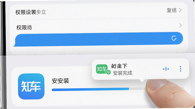 主体为手机设置界面与APP安装进度条,布局为上下结构,上方为权限设置选项,下方为APP图标与进度,风格为写实风格,细节显示手指点击动作与系统通知弹窗,画质清晰,干净背景,文字包含