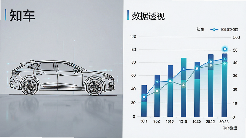 主体为数据可视化图表,布局采用左右分栏,左侧为车辆侧面线稿,右侧为柱状图与折线图组合展示历史数据,风格为极简主义科技风,细节突出数据节点与时间轴,画质清晰锐利,干净背景,文字包含
