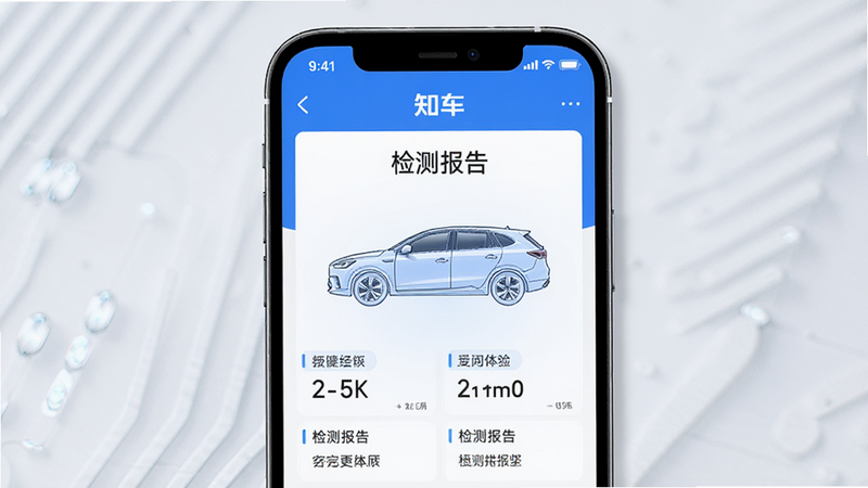 主体为知车APP的手机屏幕特写,布局采用居中构图,排版清晰展示车辆检测报告界面,风格为现代科技蓝白配色,细节显示车辆外观轮廓图与关键数据指标,画质高清4k,干净无多余元素,文字包含