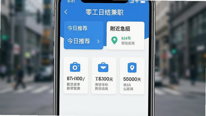 主体为一张高清智能手机屏幕特写,屏幕中央显示“零工日结兼职”APP界面,背景为模糊的城市街景。手机屏幕界面采用清新蓝白配色,顶部醒目展示“今日推荐”与“附近急招”两个核心模块,下方列出三个具体的日结岗位卡片,包含岗位名称、薪资范围(如200-300元/天)和距离信息。界面设计简洁现代,图标扁平化,无多余装饰元素,整体风格专业、干净、高清晰度,突出便捷与高效。