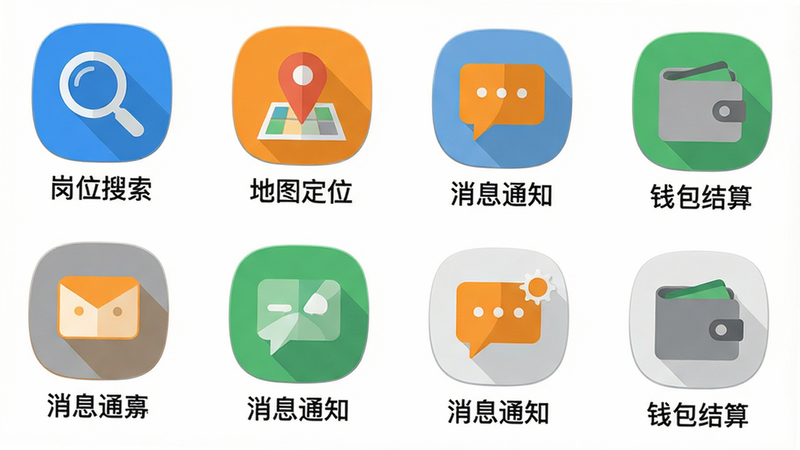 主体为一组排列整齐的功能图标矩阵,背景为纯白色。图标采用扁平化设计,颜色分别为蓝色、橙色、绿色和灰色,分别代表“岗位搜索”、“地图定位”、“消息通知”和“钱包结算”。每个图标下方配有简短的文字标签,字体清晰易读。整体布局呈2x2网格结构,间距均匀,视觉重心居中。风格为极简UI设计,无阴影或过度立体效果,强调清晰、直观和易用性,画质高清,无噪点。