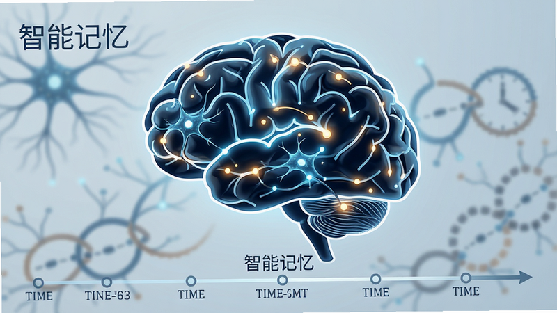 一张概念图,展示大脑神经元连接与时间轴,象征记忆强化过程,主体为抽象的大脑轮廓与发光节点,布局平衡,排版整齐,风格科技感与学术感结合,细节丰富,画质清晰,干净,无多余元素,文字“智能记忆”