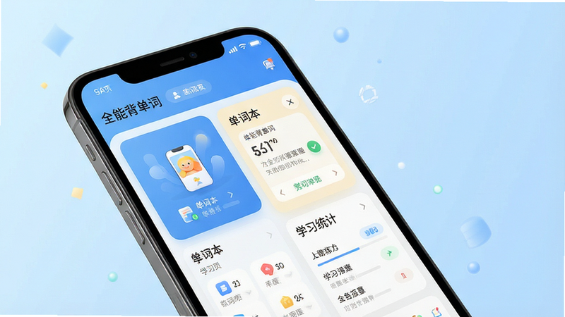 一张展示全能背单词APP主界面的宣传图,主体为手机屏幕,背景为浅蓝色渐变,布局清晰,包含首页、单词本、学习统计等核心模块,风格简约现代,细节精致,画质高清,干净,无多余元素,文字“全能背单词”清晰可见