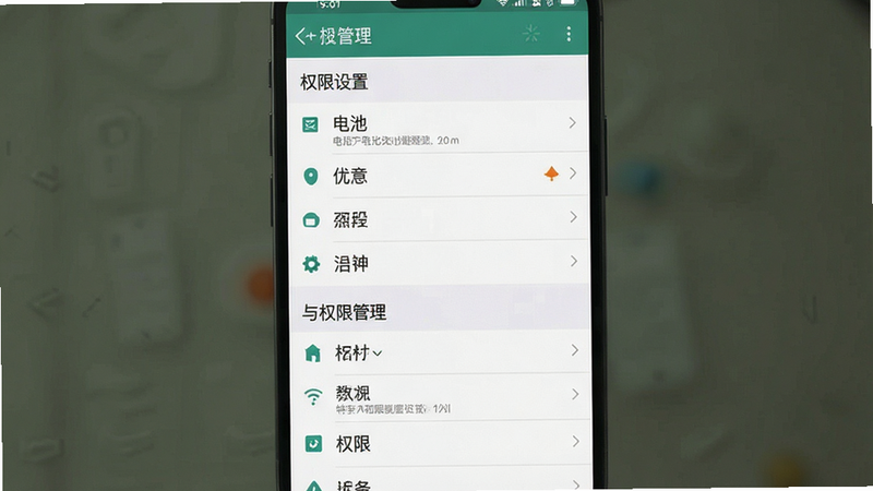 一张手机设置界面的示意图,显示电池优化与权限管理页面,主体为设置列表,布局垂直,排版清晰,风格系统UI风格,细节真实,画质清晰,干净,无多余元素,文字“权限设置”
