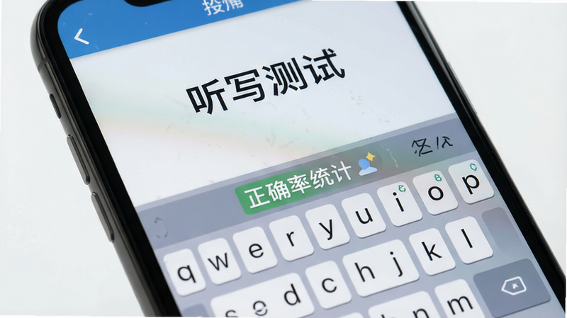 一张手机屏幕特写,显示听写测试界面,有键盘输入框和正确率统计,主体为测试界面,布局居中,排版紧凑,风格写实,细节逼真,画质清晰,干净,无多余元素,文字“听写测试”
