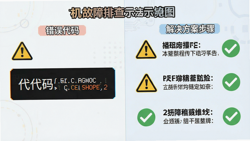 主体为手机故障排查示意图,布局为左右对比,左侧显示错误代码,右侧显示解决方案步骤,排版清晰,风格为教育科普风,细节包含警示图标与对勾标记,画质清晰,干净,无多余元素