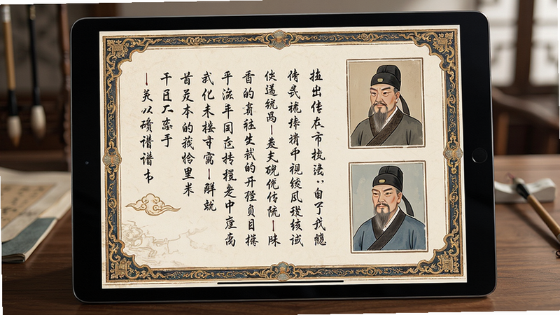 ����Ϊƽ���豸��ʾ�ĵ�������ҳ�棬����Ϊ��ͳ�����������ִ���ͼ��ϣ��Ű����ׯ�أ����Ϊ�ŵ��Ļ��磬ϸ��չʾ�����ı߿�װ��������Ф�񣬻���ϸ�壬�ɾ����޶���Ԫ��