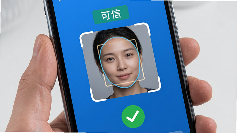 手机界面展示人脸识别认证过程,摄像头框内有人脸轮廓,上方显示“可信”字样,下方有绿色对勾表示认证成功,界面简洁,蓝色主色调,写实风格,高清细节