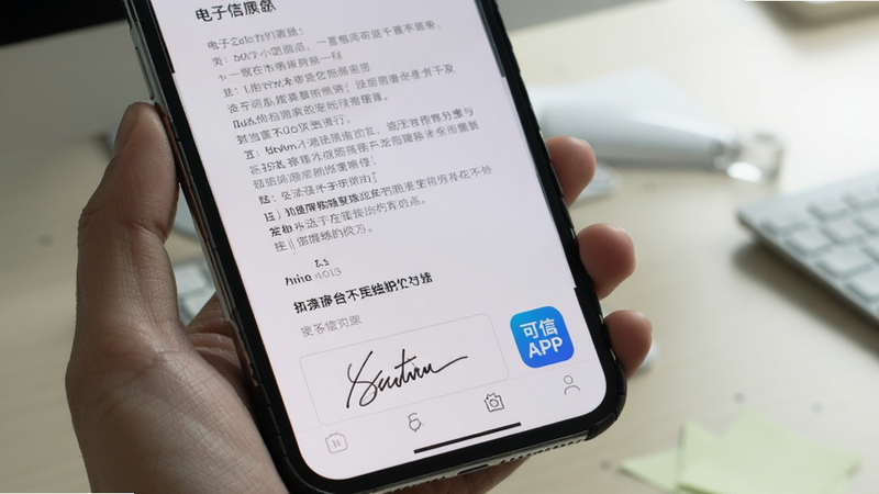 手机屏幕上显示一份电子合同文档,底部有一个手写签名区域,旁边有“可信”APP的小图标,背景为办公桌面,光线柔和,模拟真实使用场景,摄影风格,高清清晰