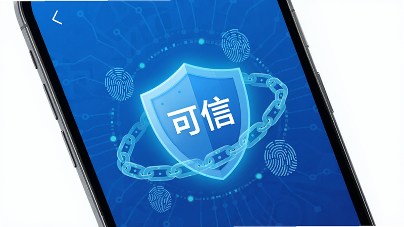手机屏幕中央显示“可信”APP界面,蓝色科技背景,中间有一个发光的盾牌图标,盾牌中心写着“可信”二字,周围环绕着数字链条和指纹图案,扁平化设计风格,高清无噪点,干净无多余元素