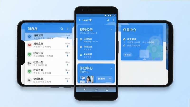 一加壹安卓应用界面全景图,主体为手机屏幕显示简洁的蓝色主色调UI,布局清晰分为消息列表、校园公告、作业中心三个模块,排版整齐,风格现代扁平化,细节处有柔和阴影,画质高清,干净无多余元素,背景为淡蓝色渐变
