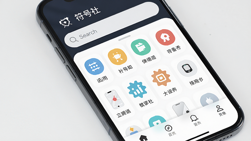 主体为手机屏幕显示“符号社”应用界面,布局清晰,顶部为搜索栏,中间是分类图标,底部为标签页,风格简约现代,细节清晰,画质高清,干净无多余元素