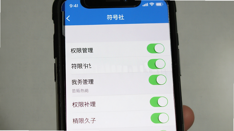 手机设置界面,显示“符号社”权限管理页面,主体为权限开关列表,布局整齐,风格简洁,细节清晰,画质高,无多余图标
