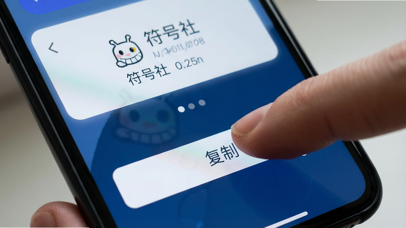手指点击手机屏幕上的“复制”按钮,背景为“符号社”应用界面,主体动作清晰,布局聚焦于交互细节,风格真实感,细节锐利,画质优秀,无干扰元素