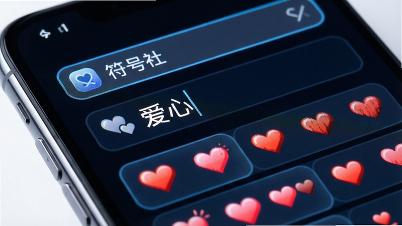 手机屏幕特写,显示“符号社”搜索框,输入文字“爱心”,下方列出多个爱心符号选项,布局紧凑,风格科技感,细节逼真,画质高,干净背景