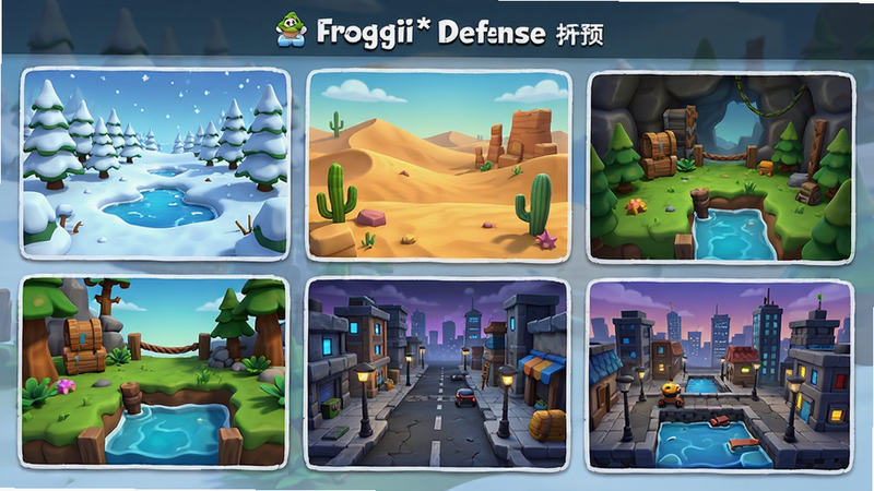 Froggii Defense���µ�ͼԤ��ͼ��չʾ�˼�����ͬ�Ĺؿ�����ͼ������ѩ�ء�ɳĮ�ͳ������⣬���ͳһΪ��ͨ3D��ɫ��������ϸ�ڷḻ���������룬�Ű����������ʸߣ��ɾ��޶���Ԫ�أ�������ȷ����ˮӡ����