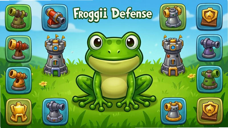 һ��չʾFroggii Defense��Ϸ������ĸ�������ͼ������������һֻ��ͨ�������ǣ���Χ������ɫ�����޵ķ�����ͼ�꣬���������µ���ɫ�ݵغ����죬���ͨ�ɰ���ɫ����������ͼ���У������������޶���ˮӡ���֣�����ͻ�����������࣬�Ű�������ϸ�ڷḻ���ɾ�������Ԫ��