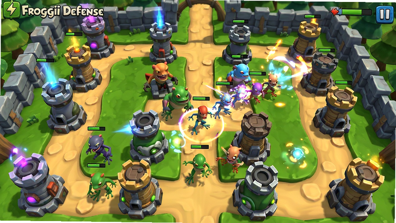 Froggii Defense��Ϸ�ڵ�ս��������ͼ��չʾ��һ�����ӵ��������֣����ֲ�ͬ��ɫ�ķ��������������ѵ�С·�ϣ��������ڽ�������ЧѤ�������Ϊ��ͨ3D��ɫ�ʷḻ����ͼ��̬��ǿ��ϸ�����������ֺ������Ű����򣬻��ʸ��壬�ɾ��޸���Ԫ�أ�����ͻ��