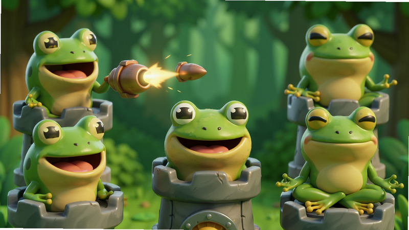 չʾFroggii Defense�ж��ֿɰ����ܷ���������дͼ�������Ǳ����������е��ڷ����ӵ����е���ڤ�룬������ģ������ɫɭ�֣����Ϊ3D��ͨ��Ⱦ��ɫ�ʱ��Ͷȸߣ�ϸ�ھ��£���Ӱ��ͣ��������������ֽ��գ��Ű���Ȼ�����ʼ��ѣ��ɾ������ʣ��޶�������