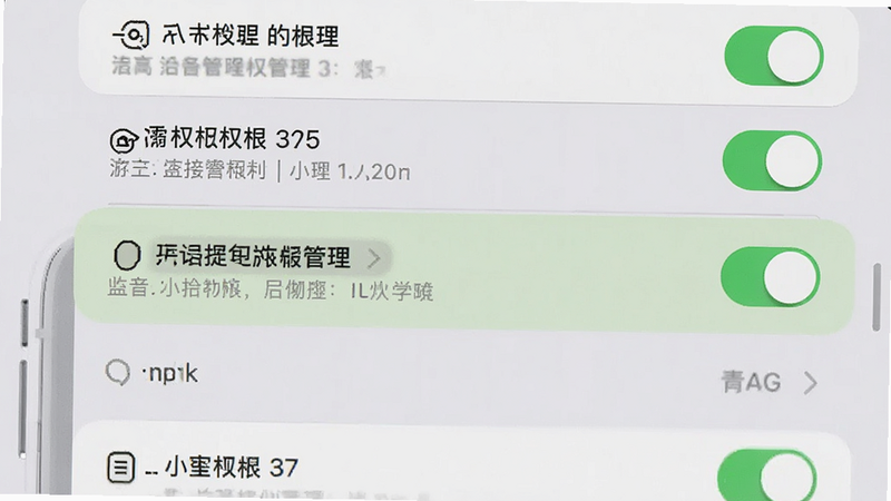 主体为手机设置界面截图,布局为竖屏列表,排版突出权限管理选项,风格为系统原生UI,细节包含开关状态图标,画质清晰,干净,无多余元素